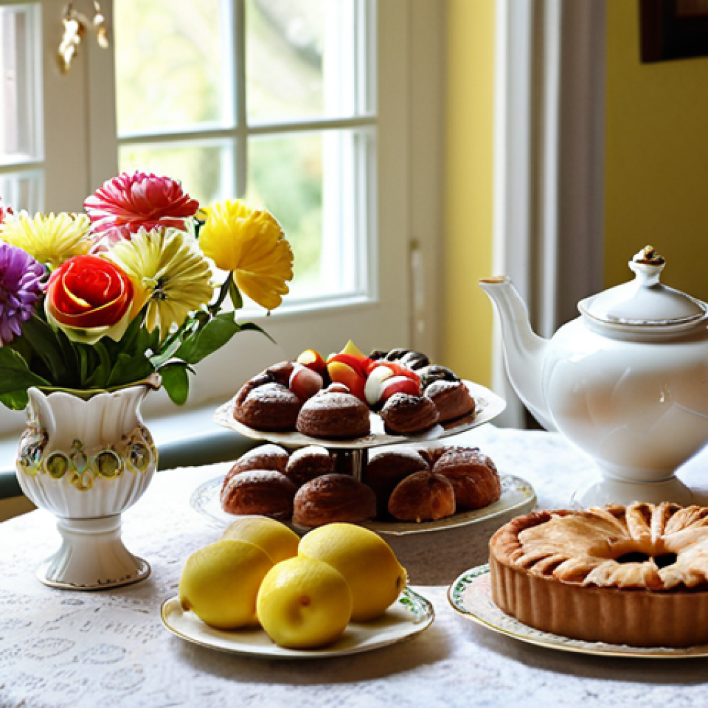 ** A beautifully set tea table with vintage porcelain, an elegant teapot, and a tiered cake stand displaying various pastries like chocolate cake, lemon tart, and apple pie. Colorful flowers decorate the table. Focus on creating a cozy and inviting atmosphere, perhaps with sunlight streaming through a window.

**