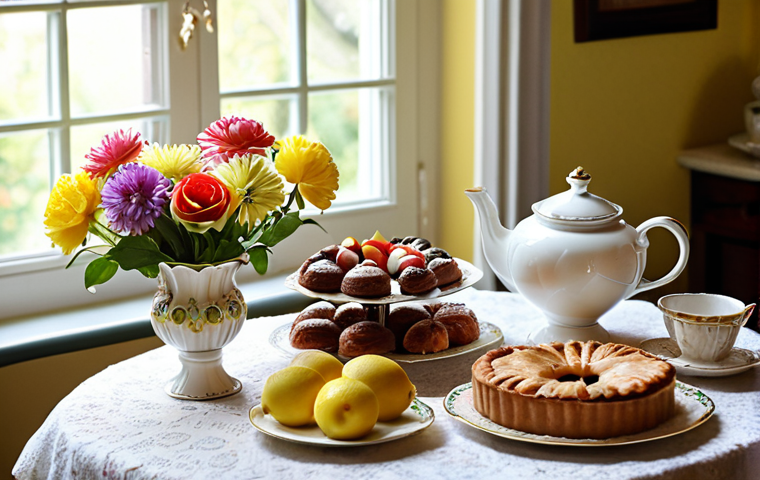 ** A beautifully set tea table with vintage porcelain, an elegant teapot, and a tiered cake stand displaying various pastries like chocolate cake, lemon tart, and apple pie. Colorful flowers decorate the table. Focus on creating a cozy and inviting atmosphere, perhaps with sunlight streaming through a window.
**