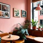 **

A cozy and trendy coffee shop interior in Utrecht, Netherlands. Soft pink walls, vintage posters, and lots of plants. People are enjoying coffee and chatting. Focus on the warm and inviting atmosphere. Instagrammable details like a latte art and vintage furniture.

**
