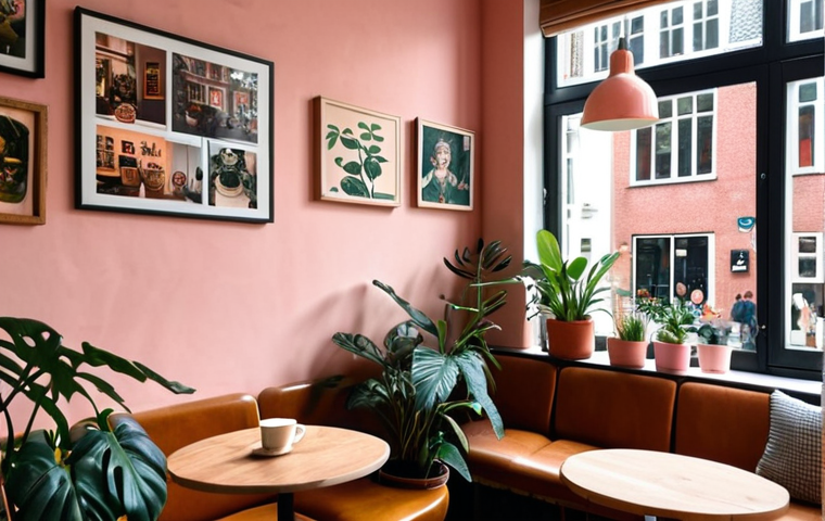 **
A cozy and trendy coffee shop interior in Utrecht, Netherlands. Soft pink walls, vintage posters, and lots of plants. People are enjoying coffee and chatting. Focus on the warm and inviting atmosphere. Instagrammable details like a latte art and vintage furniture.
**