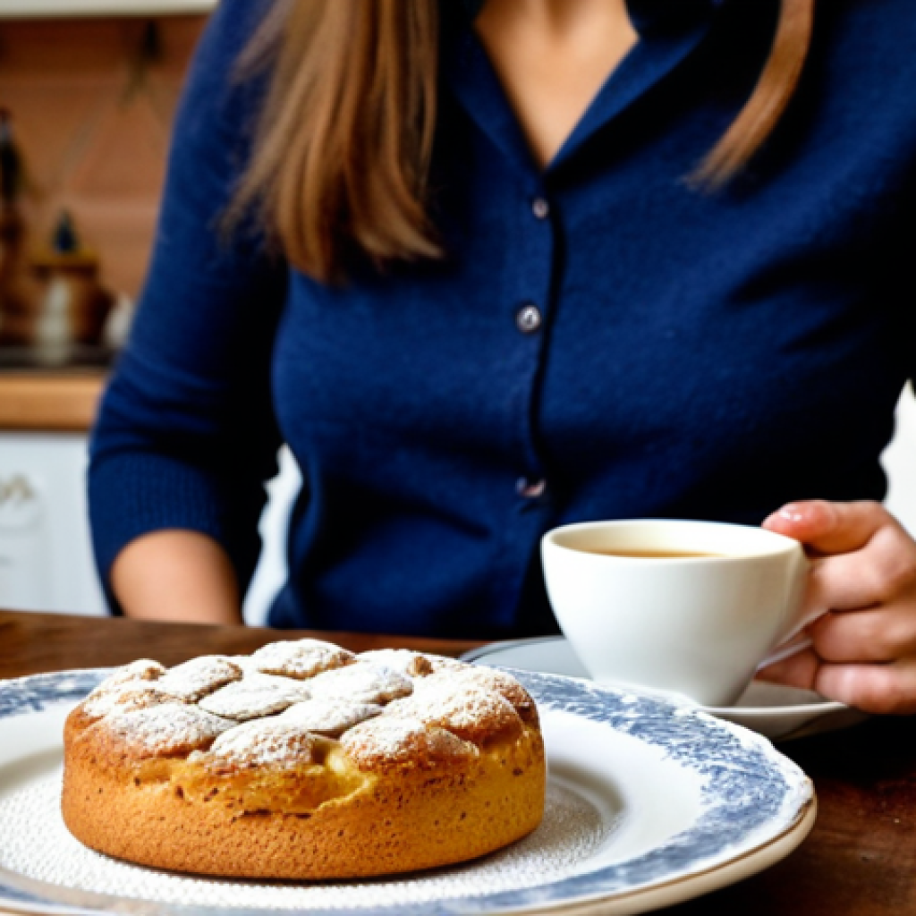 A person in modest, comfortable attire, seated at a rustic wooden table in a cozy, warmly lit home kitchen. On the table, a slice of Torta della Nonna with pine nuts, a few Amaretti cookies, and a steaming cup of tea or coffee. The scene emphasizes traditional Italian dessert enjoyment and homemade warmth. Soft, natural lighting. Fully clothed, appropriate attire, safe for work, perfect anatomy, correct proportions, natural pose, well-formed hands, proper finger count, natural body proportions, professional photography, high quality, family-friendly content.