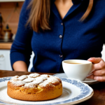 A person in modest, comfortable attire, seated at a rustic wooden table in a cozy, warmly lit home kitchen. On the table, a slice of Torta della Nonna with pine nuts, a few Amaretti cookies, and a steaming cup of tea or coffee. The scene emphasizes traditional Italian dessert enjoyment and homemade warmth. Soft, natural lighting. Fully clothed, appropriate attire, safe for work, perfect anatomy, correct proportions, natural pose, well-formed hands, proper finger count, natural body proportions, professional photography, high quality, family-friendly content.
