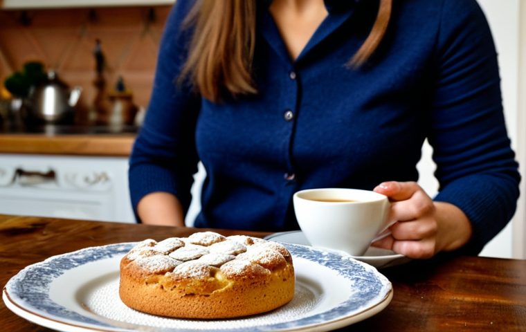 A person in modest, comfortable attire, seated at a rustic wooden table in a cozy, warmly lit home kitchen. On the table, a slice of Torta della Nonna with pine nuts, a few Amaretti cookies, and a steaming cup of tea or coffee. The scene emphasizes traditional Italian dessert enjoyment and homemade warmth. Soft, natural lighting. Fully clothed, appropriate attire, safe for work, perfect anatomy, correct proportions, natural pose, well-formed hands, proper finger count, natural body proportions, professional photography, high quality, family-friendly content.