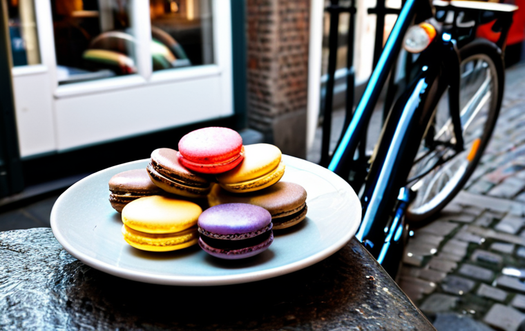 **
"A cozy Amsterdam café scene, showcasing a beautifully arranged plate with Injeolmi macarons. The macarons are artfully displayed, highlighting the unique filling. Sunlight streams through the window, illuminating the scene. In the background, bicycles pass by on a cobblestone street. The setting is warm and inviting. Appropriate content, safe for work, fully clothed patrons, professional photography, perfect anatomy, natural proportions, high quality image."
**