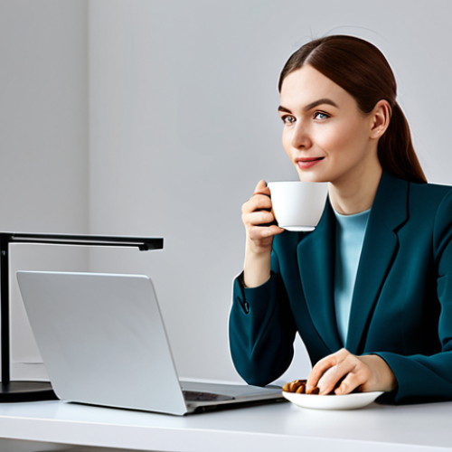 **

"A professional woman in a modest, stylish outfit, sitting at a bright desk with a cup of tea and a small dish of nuts. Modern, minimalist office background. Fully clothed, appropriate attire, safe for work. Perfect anatomy, correct proportions, natural pose, well-formed hands. Professional photography, high quality, soft lighting, family-friendly."

**