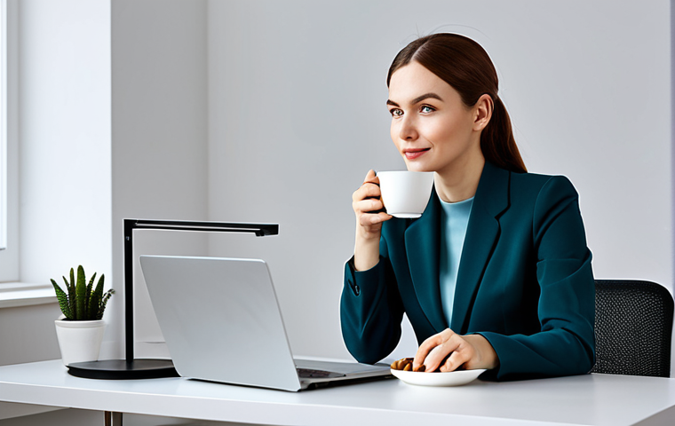**

"A professional woman in a modest, stylish outfit, sitting at a bright desk with a cup of tea and a small dish of nuts. Modern, minimalist office background. Fully clothed, appropriate attire, safe for work. Perfect anatomy, correct proportions, natural pose, well-formed hands. Professional photography, high quality, soft lighting, family-friendly."

**