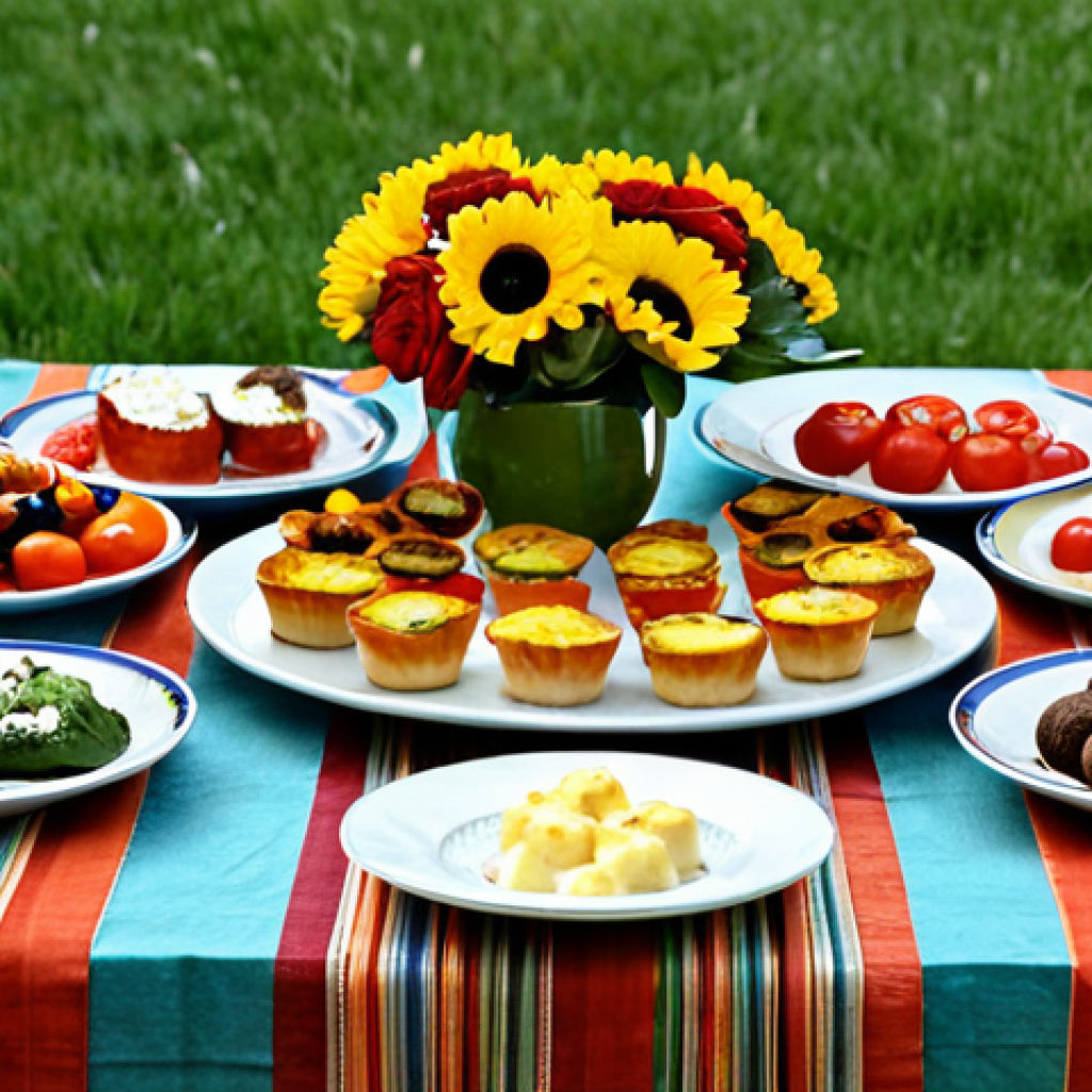 Sweet & Savory Table Spread**

"A beautifully arranged table featuring a variety of mini-quiches with spinach and feta, tomato and mozzarella fillings, alongside colorful fruit skewers and miniature brownies. The table is decorated with fall-toned linens, small vases of fresh flowers, and DIY placemats made from old newspapers. Focus on the diverse textures and inviting presentation. Safe for work, appropriate content, fully clothed, family-friendly, perfect anatomy, natural proportions, professional food photography, high quality."

**