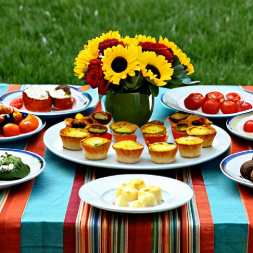 Home 22 Sweet & Savory Table Spread**
"A beautifully arranged table featuring a variety of mini-quiches with spinach and feta, tomato and mozzarella fillings, alongside colorful fruit skewers and miniature brownies. The table is decorated with fall-toned linens, small vases of fresh flowers, and DIY placemats made from old newspapers. Focus on the diverse textures and inviting presentation. Safe for work, appropriate content, fully clothed, family-friendly, perfect anatomy, natural proportions, professional food photography, high quality."
**