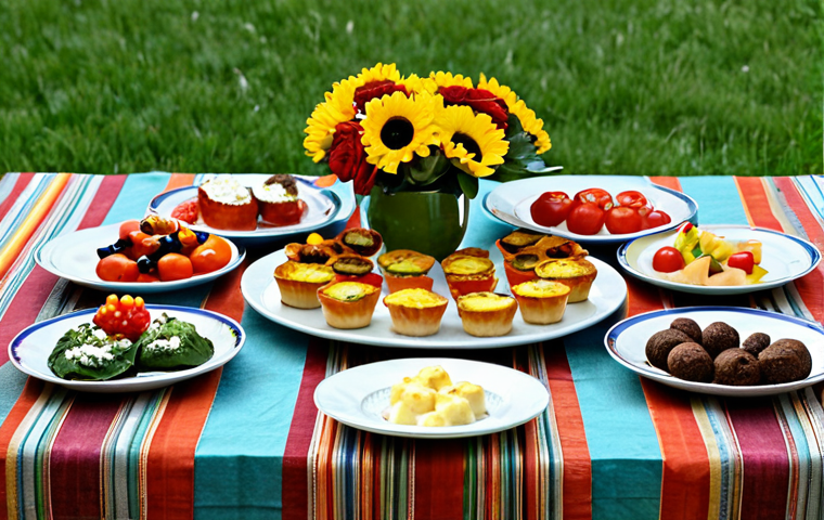 Sweet & Savory Table Spread**
"A beautifully arranged table featuring a variety of mini-quiches with spinach and feta, tomato and mozzarella fillings, alongside colorful fruit skewers and miniature brownies. The table is decorated with fall-toned linens, small vases of fresh flowers, and DIY placemats made from old newspapers. Focus on the diverse textures and inviting presentation. Safe for work, appropriate content, fully clothed, family-friendly, perfect anatomy, natural proportions, professional food photography, high quality."
**