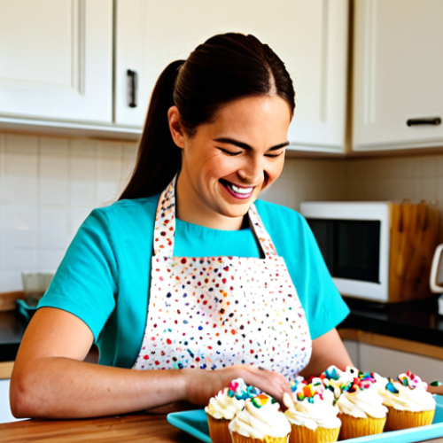 Home 21 Cozy Kitchen Scene**
A bright and inviting kitchen scene. A woman with a warm smile, fully clothed in a modest apron and casual attire, is decorating cupcakes with colorful sprinkles. The kitchen has natural light, wooden countertops, and baking utensils neatly arranged. "Safe for work", "appropriate content", "fully clothed", "family-friendly", "perfect anatomy", "correct proportions", "natural pose", "professional photography", "high quality".
**