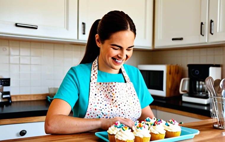 Cozy Kitchen Scene**
A bright and inviting kitchen scene. A woman with a warm smile, fully clothed in a modest apron and casual attire, is decorating cupcakes with colorful sprinkles. The kitchen has natural light, wooden countertops, and baking utensils neatly arranged. "Safe for work", "appropriate content", "fully clothed", "family-friendly", "perfect anatomy", "correct proportions", "natural pose", "professional photography", "high quality".
**